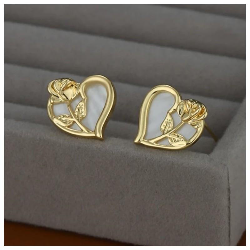 Earrings Stainless Steel Gold Plated 14K Gold Heart Rose Studs
