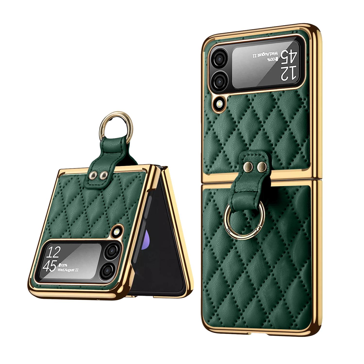 

Vietao Luxury Leather Phone Case for Samsung Galaxy Z Flip 7/6/5/4/3 with Gold Plated Ring Stand - Lens Film Protection, Pink For samsung Z flip 5