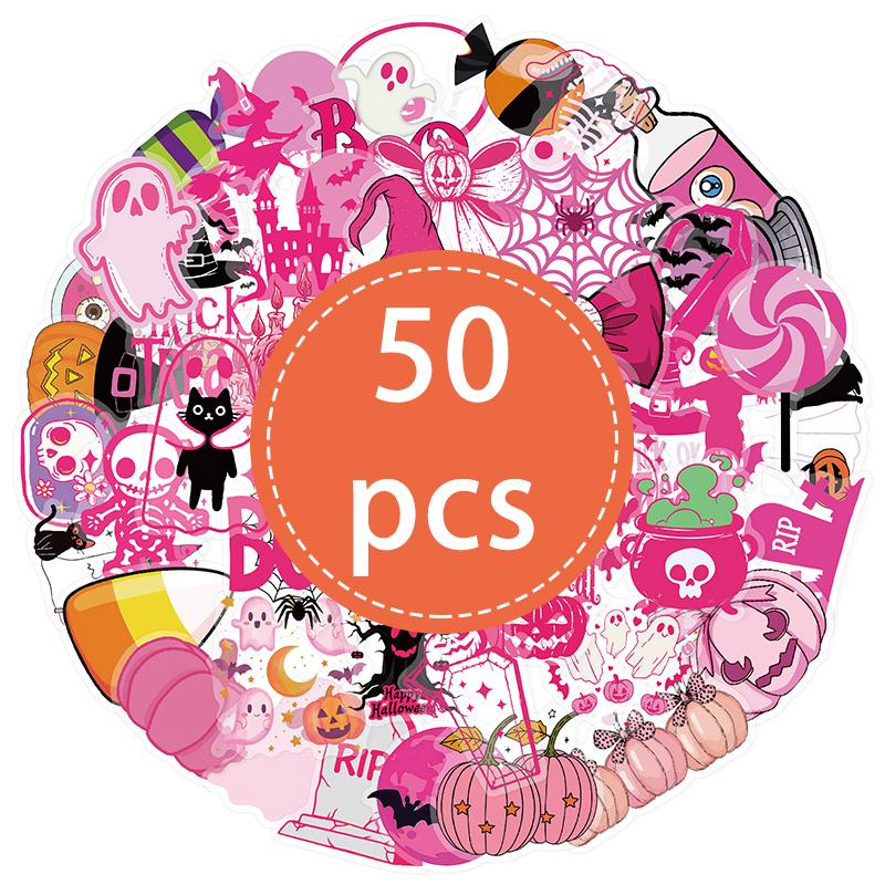 

50PCS Pink Halloween Stickers Pink Terror Ghost Pumpkin Sticker Pack Vinyl Waterproof Decal for Water Bottle Scrapbook Laptops