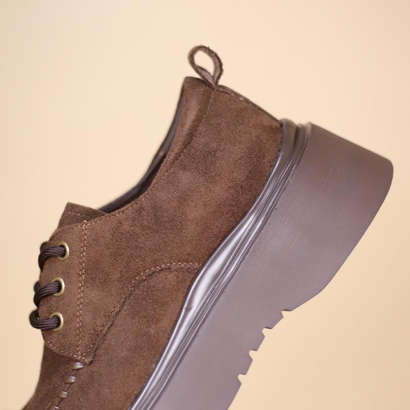 Φθινόπωρο 2025 Γυναικεία Μόδα Παχύσολα Δερμάτινα Μοκασίνια με Κορδόνια και Μπαλώματα, Στρογγυλή Μύτη, Αυξητικού Ύψους