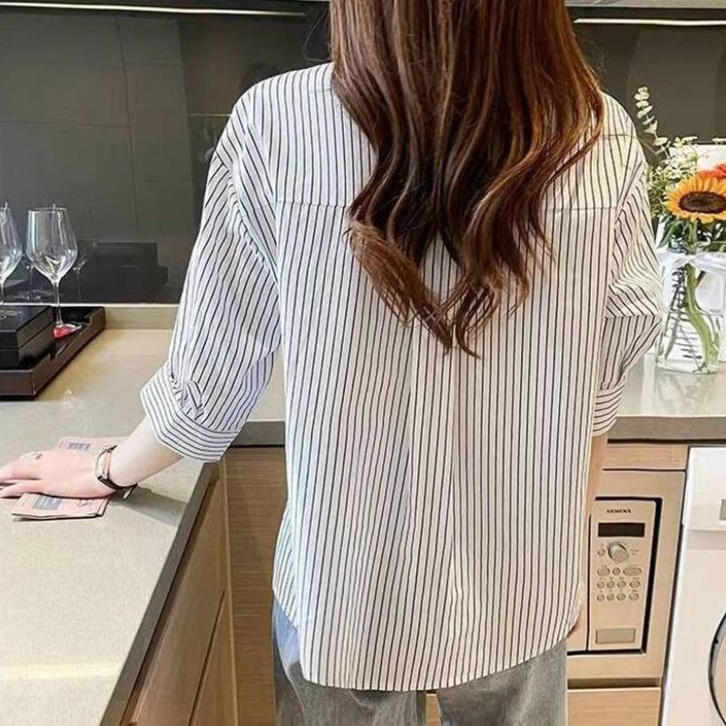 Fashionable Summer New Blouses Women's Patchwork Epaulet Button All-match Casual Loose Polo-Neck Half Sleeve Striped Shirts Tops
