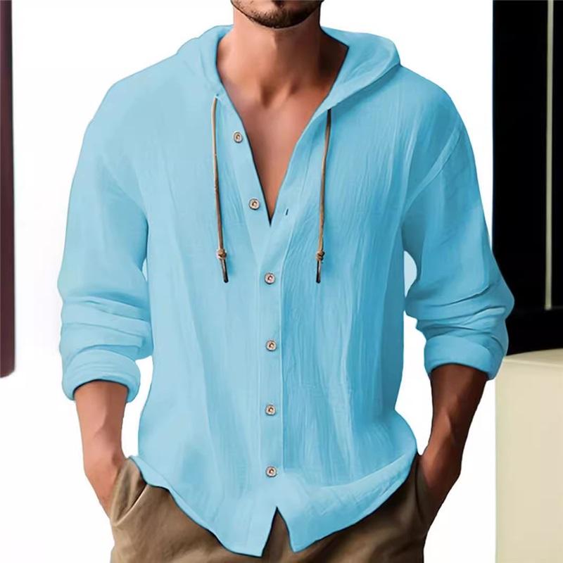 Men's Summer New Summer Hooded T-shirt Solid Color Cotton And Linen Men's Casual Long-sleeved Shirt Beach Top