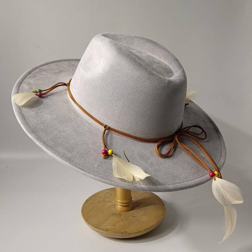 2026Bohemian style suede hat, brim 9.5 cm fedora with feather accessories, classic church hat, wide brim hat, women's hat