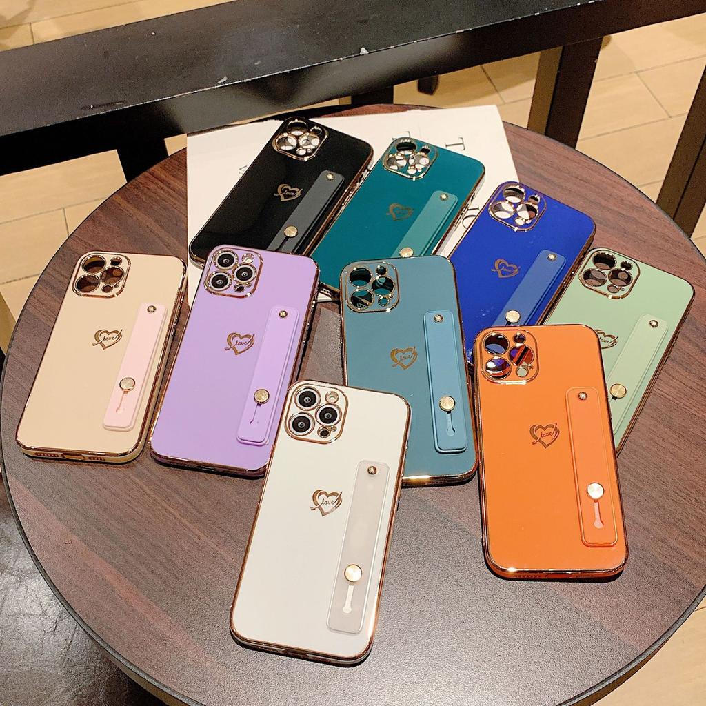 Applicable To iPhone17 Mobile Phone Case New Electroplated 6D Straight Edge Side Love Wristband Bracket Apple 16 Protective Case