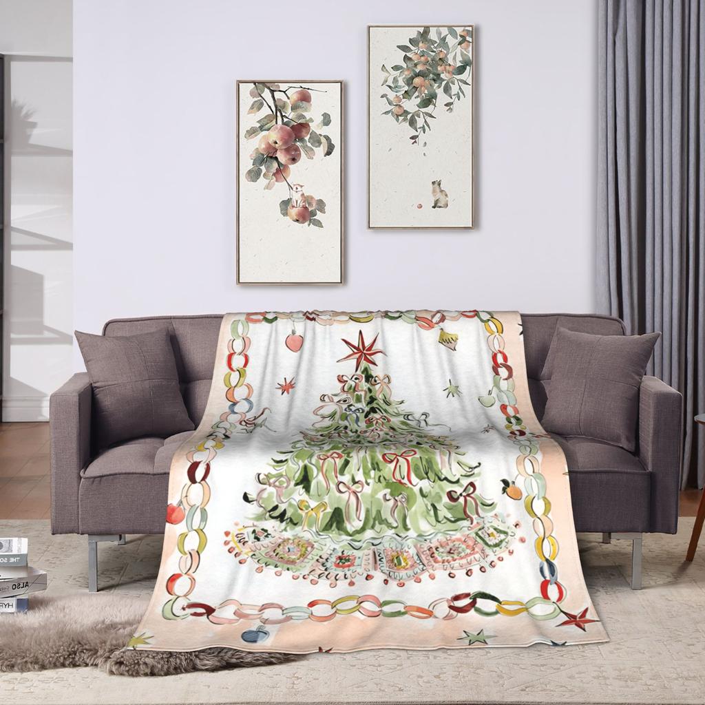 Border Painting Art Xmas Tree Flannel Blanket Winter Super Soft Throw Blanket for Child Couch Bed Funny Bedspread Sofa Bed Cover
