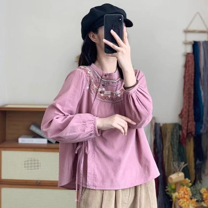 

Женский повседневный этнический вышитый топ из хлопка и льна для весны/осени 2024 L 105-120 lbs роза розовый