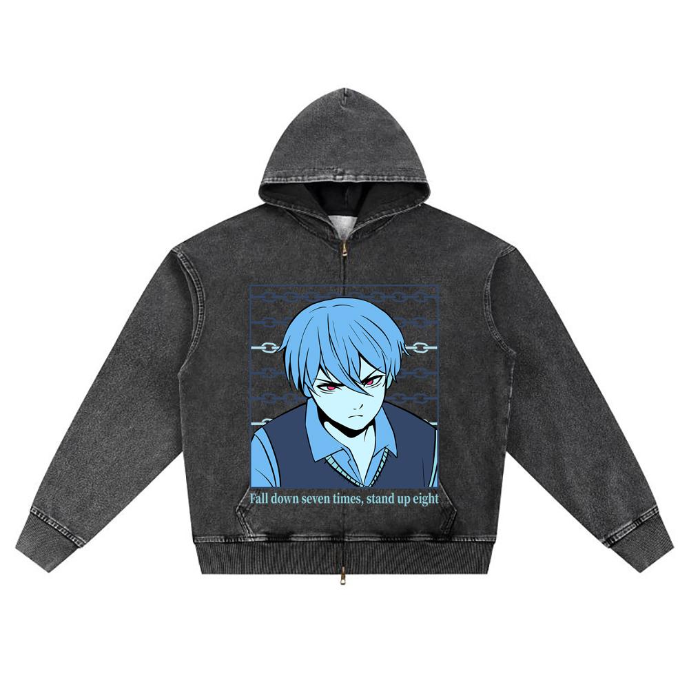 DTG Print Knitted Denim Zip-Up Hoodie Anime Streetwear 34 Brother Print Zipper Hoodies