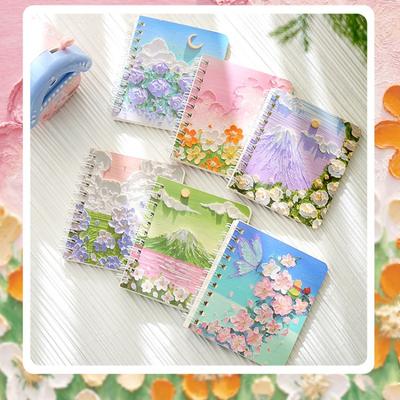 1 ks malý estetický poznámkový blok A7 pro děti Olejomalba Krajina Scenary Coil Notebooky Přenosný kapesní zápisník na psaní