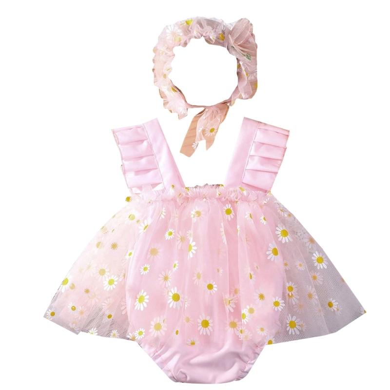

Infant Daisy Print Mesh Romper Dress with Matching Hairband, 2 Pieces Set Baby Girls Photography Dress & Headdress L