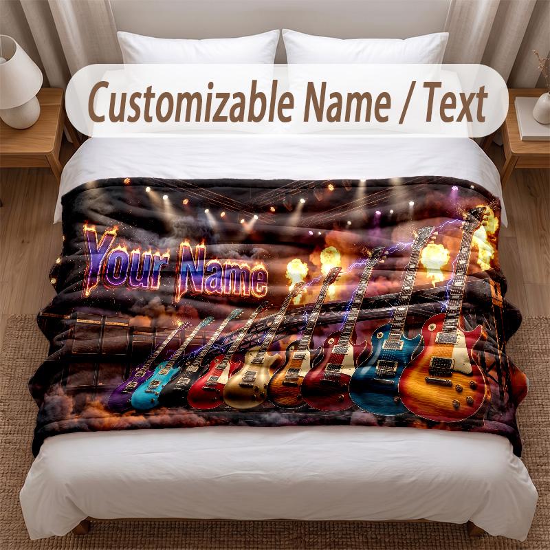 Music Guitar Theme Soft Blanket Personalized Custom Name Text Print Warm Blanket Home Sofa Bedroom Decor