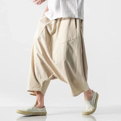 Summer Men Plus Size Casual Harem Pants Vintage Loose Cotton Linen Wide Leg Pants Men Elastic Waist Trousers