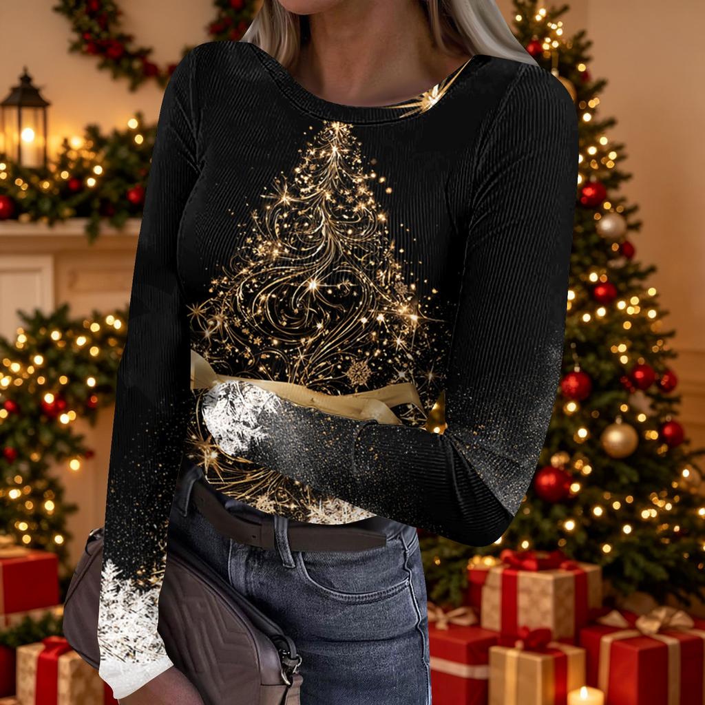 Women's Casual Christmas Print Long Sleeve Ribbed Top with Round Neck for Holiday Wear