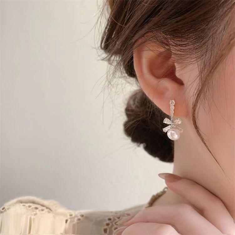 S925 Zircon Bow Pearl Pendant Earrings: Elegant and Versatile for Women