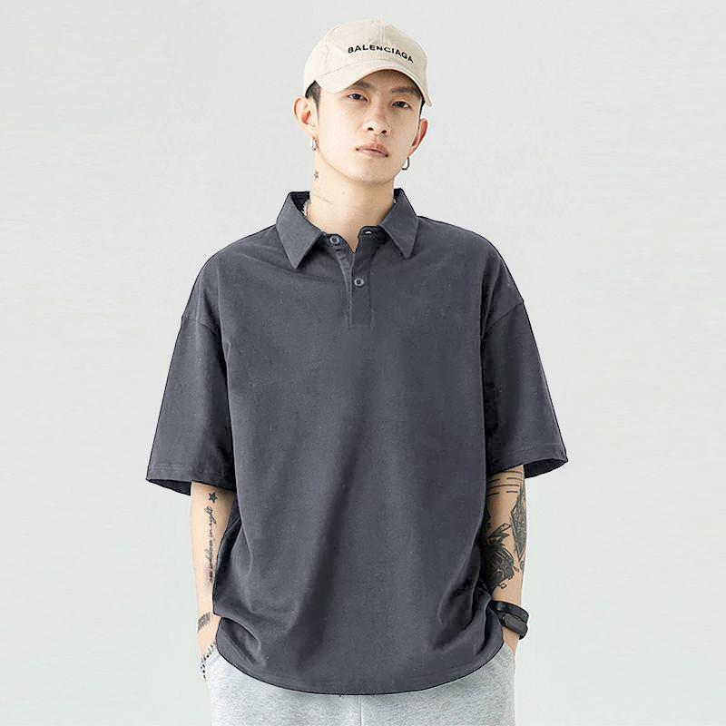 Turn-down Collar Short Sleeve Polo Shirt for Men Loose Fit Trendy Brand Solid Color Plus Size T-shirt Men's Casual American Style Half Sleeve Top