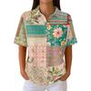 Damen Lässiges Kurzarm Waffelstrick Poloshirt Knopfleiste Patchwork Blumenprint Leichtes Oberteil