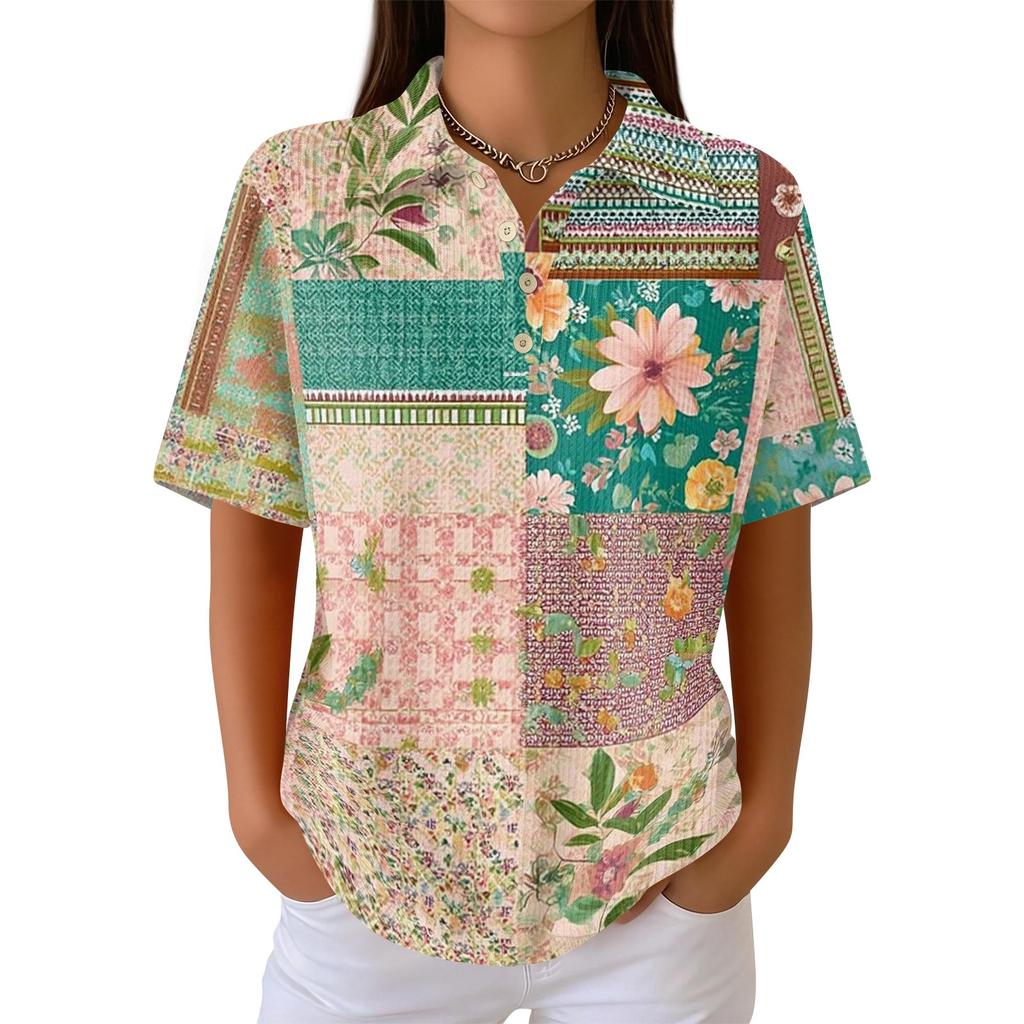 Damen Lässiges Kurzarm Waffelstrick Poloshirt Knopfleiste Patchwork Blumenprint Leichtes Oberteil