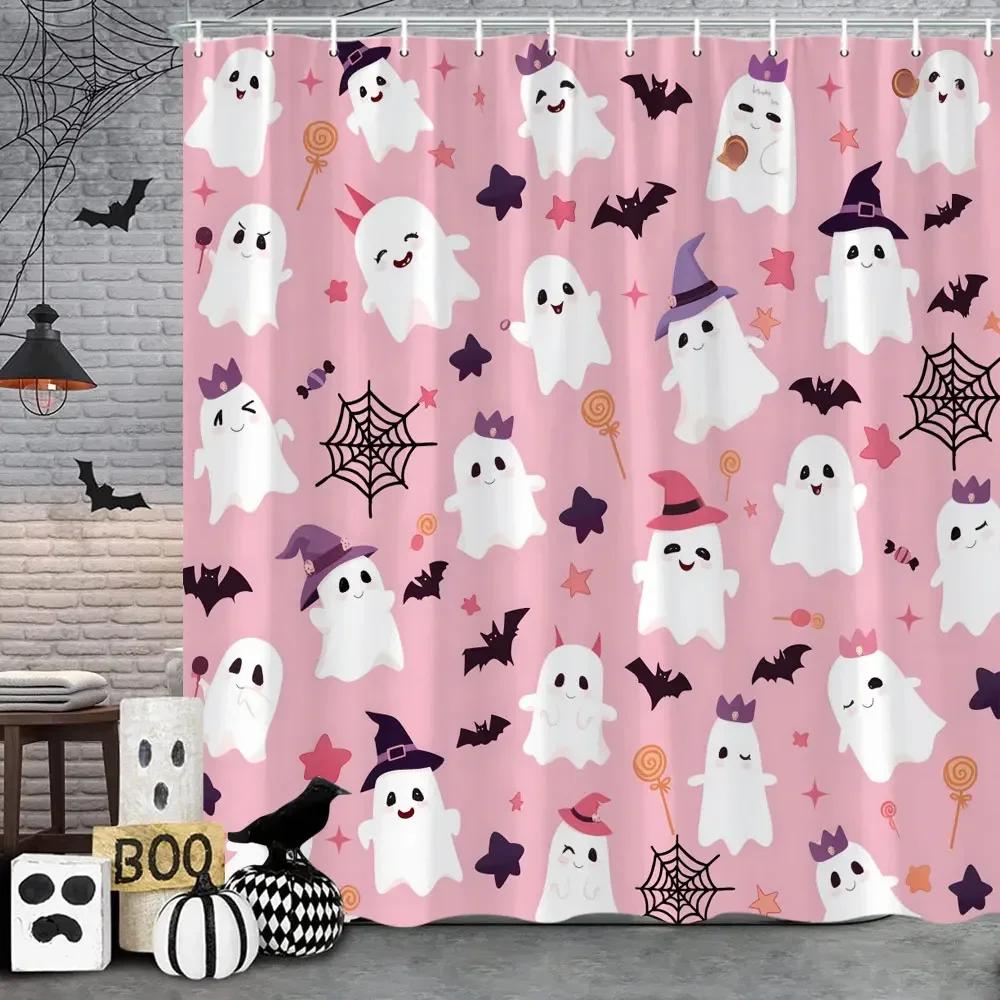~O~Pink Cute Halloween Shower Curtain Ghost Pumpkin Bat Skull Polyester Fabric Kids Shower Curtain Girls Bathroom Decor Strap Ho
