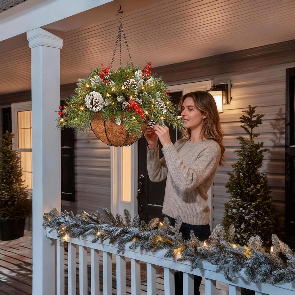Świąteczny wystrój ganku ze światłami Dekoracja domu Świąteczny wiszący kosz Dekoracje zewnętrzne do wystroju domu Impreza Święta Wewnątrz