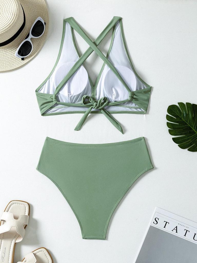 2026 Stylish European & American Solid Color High-Waisted Bikini Swimsuit