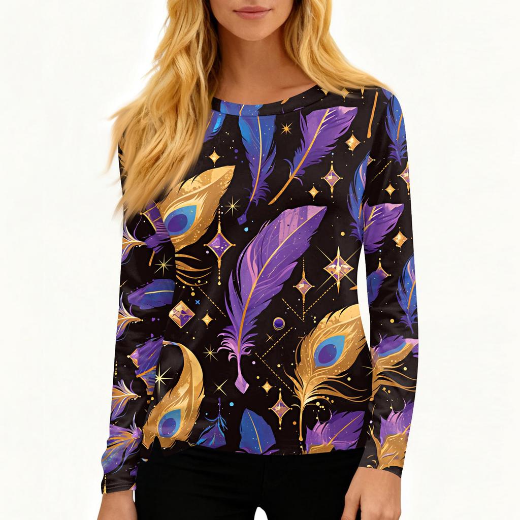 Damenmode Lässig Schlitzsaum Rundhals Langarm Locker Bedrucktes T-Shirt Top