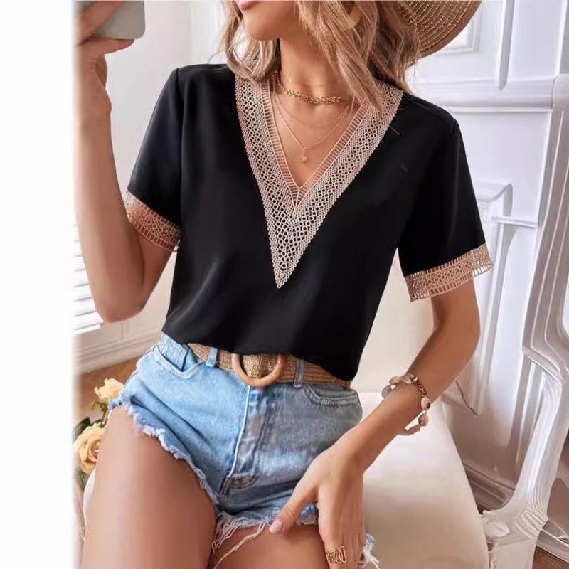 

2024 Lace V-neck Solid Color Loose Top Work Clothing Short Sleeve Shirt White L