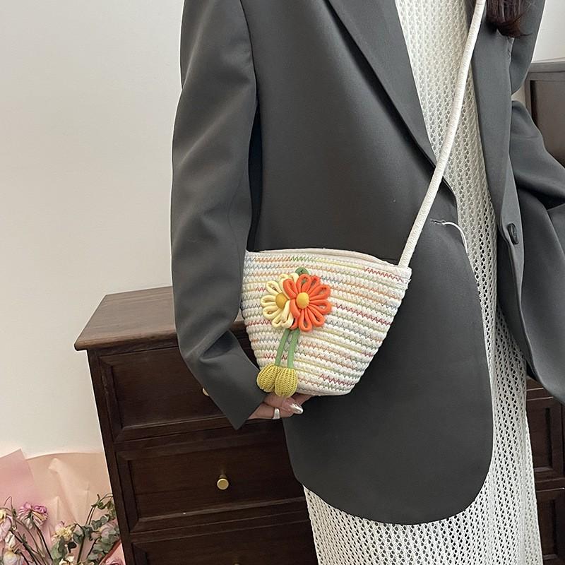 Cotton Rope Woven Bag Cute Flower Shoulder Ins Bucket Women's Beach Cross-body