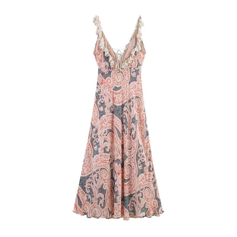 

2025 Новое летнее платье-сарафан в этническом стиле с оборками и цветочным принтом, V-образный вырез, женское, в стиле ретро, печатное, без рукавов, цельное, длинная юбка L