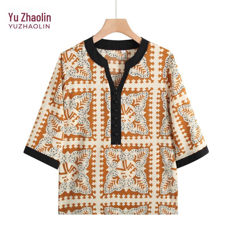 YUZHAOLIN Mothers Elegant Loose Short Sleeve Top 2XL жёлтый