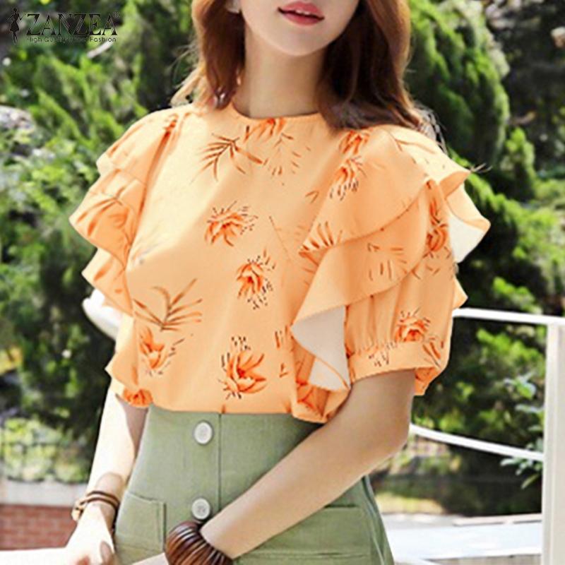 ZANZEA Women Casual Round Neck Ruffles Short Sleeve Loose Print Blouse