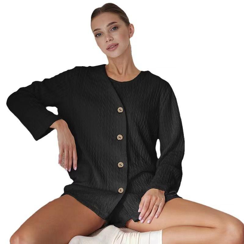 Fashion Pure Color Vest Long Sleeves Tops Shorts Three-Piece Homewear Fashion Three Piece Set