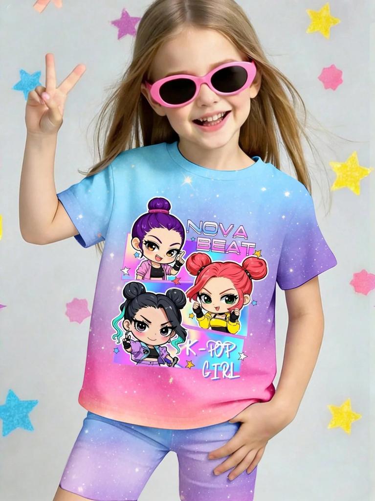 Lässige Kpop Beliebte Cartoon-Print Sommerkleidung für Mädchen Rundhals Kurzarm und Shorts Tägliche Kleidung Kinderkleidung Mädchen