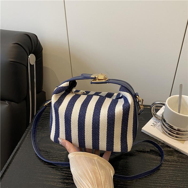 

Полосатая парусиновая портативная маленькая квадратная сумка женская новая ретро контрастного цвета сумка через плечо модная универсальная сумка-мессенджер женская синий