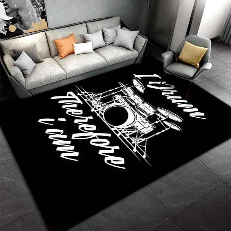 "Black Drum Kit Carpet with 'I Drum Therefore I Am' Lettering Print" Suitable for use as an anti-slip for living room bedroom sofas