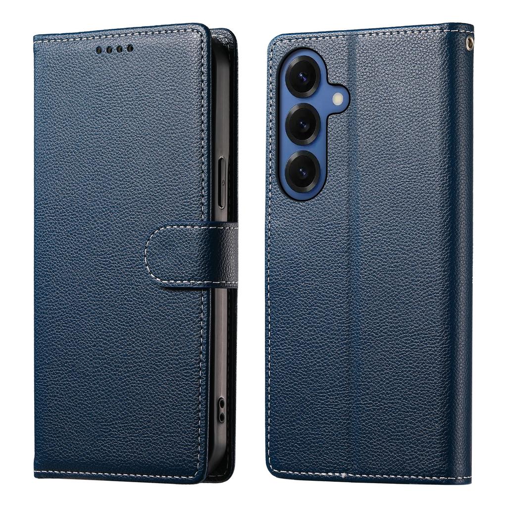 For Samsung Galaxy S26+ Case Magnetic Snap Litchi Texture Leather Wallet Phone Cover with Wrist Strap