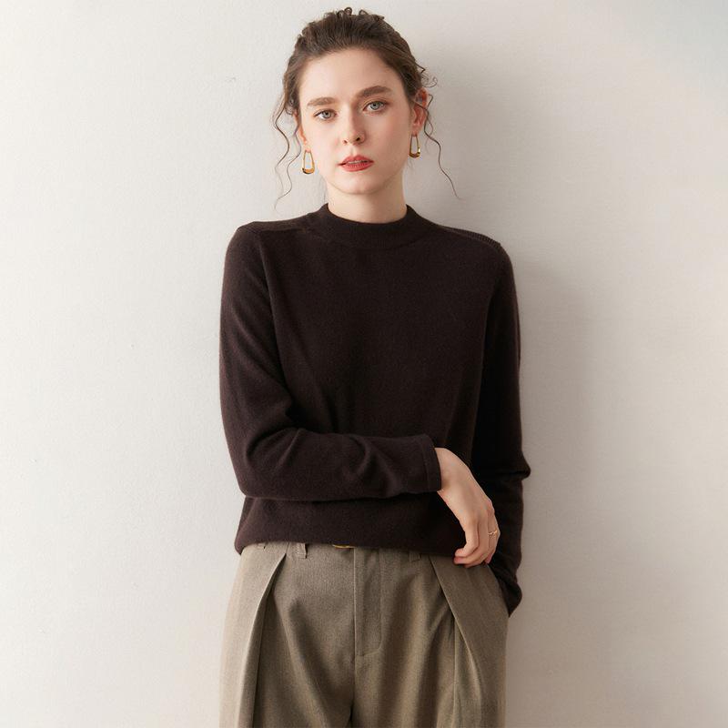 Women's Cashmere Sweater - Shoulder Pad Half-High Collar Knit Pullover for Autumn/Winter