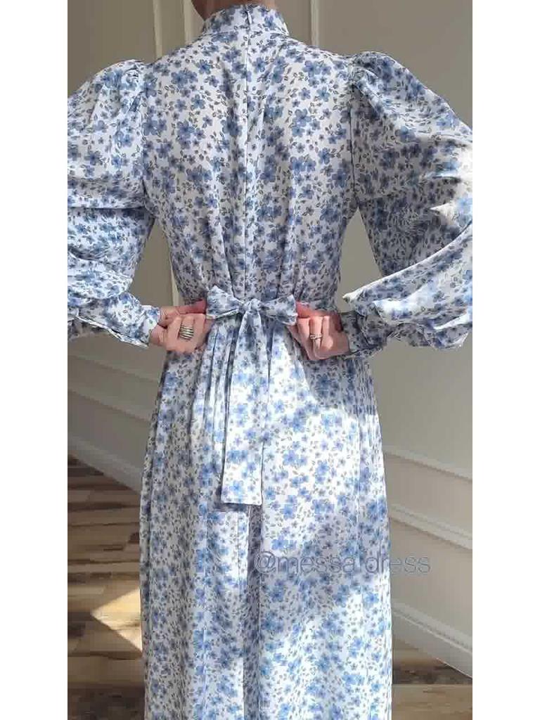 2025 Spring Loose Tie Floral Satin Long Sleeve Dress
