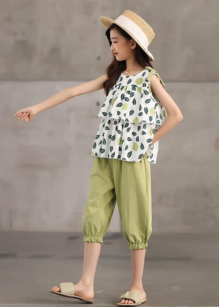 Sleeveless Half Korean Top and Bottom Kids Sleeveless Length Everyday Going Set [NOMSOCR] Children's Clothes, Girls' Setup, Summer, T-shirt, Pants,