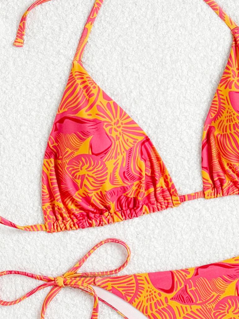 European and American Women's Sexy Slimming Backless Bandage Print Triangle Bikini Swimsuit