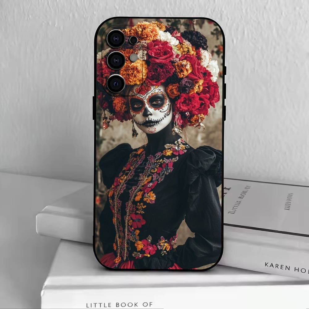 Day of the Dead Skull Phone Case For Samsung S25,S24,S21,S22,S23,S30,Ultra,S20,Plus,Fe,Lite,Note,10,Black Cover
