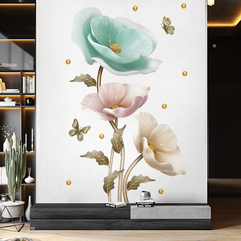 Colorful Flower Pendant Lamp Bird Wall Sticker For Bedroom Living Room Entrance Home Background Decoration Self-adhesive 29*22CM