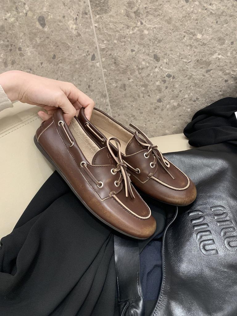 Spot Cowhide Version~ Grape Mother British Style Old Dirty Loafers Women's Lace-up Flat Bottom One Pedal Small Leather Shoes