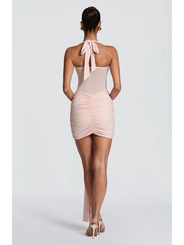 European & American Style Lace-Up Mesh Halter Patchwork Ribbon Bodycon Dress (2026 Summer Collection)