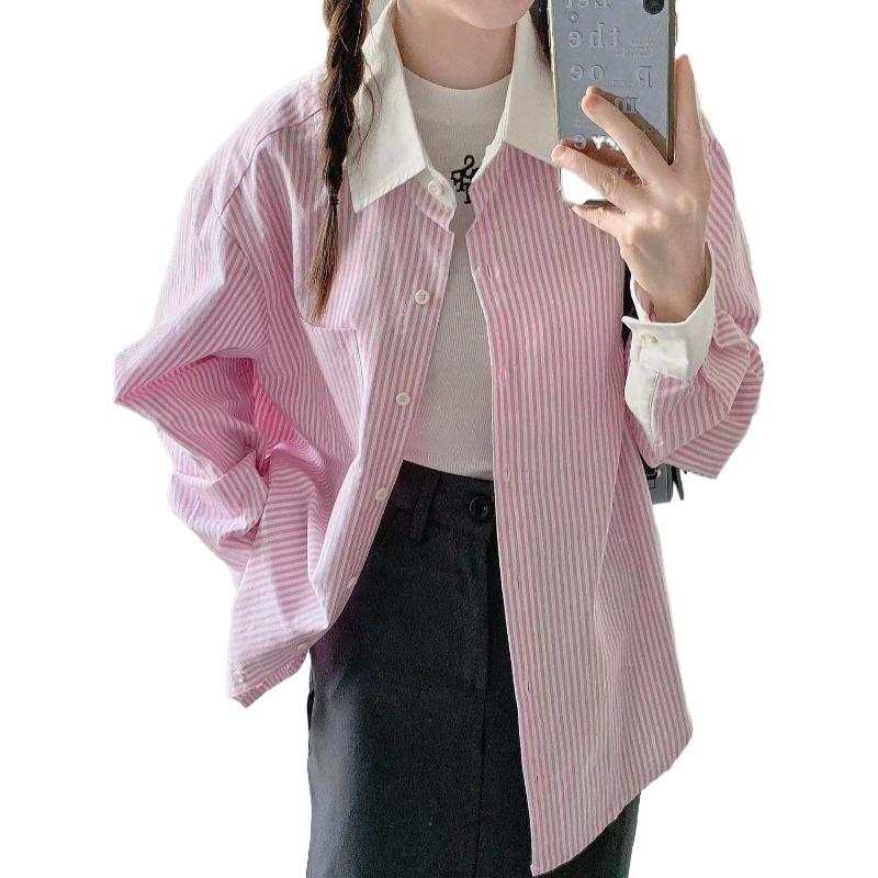 Růžová bílá pruhovaná dámská košile s dlouhým rukávem, kontrastní barva, ležérní korejská minimalistická volná dámská bunda