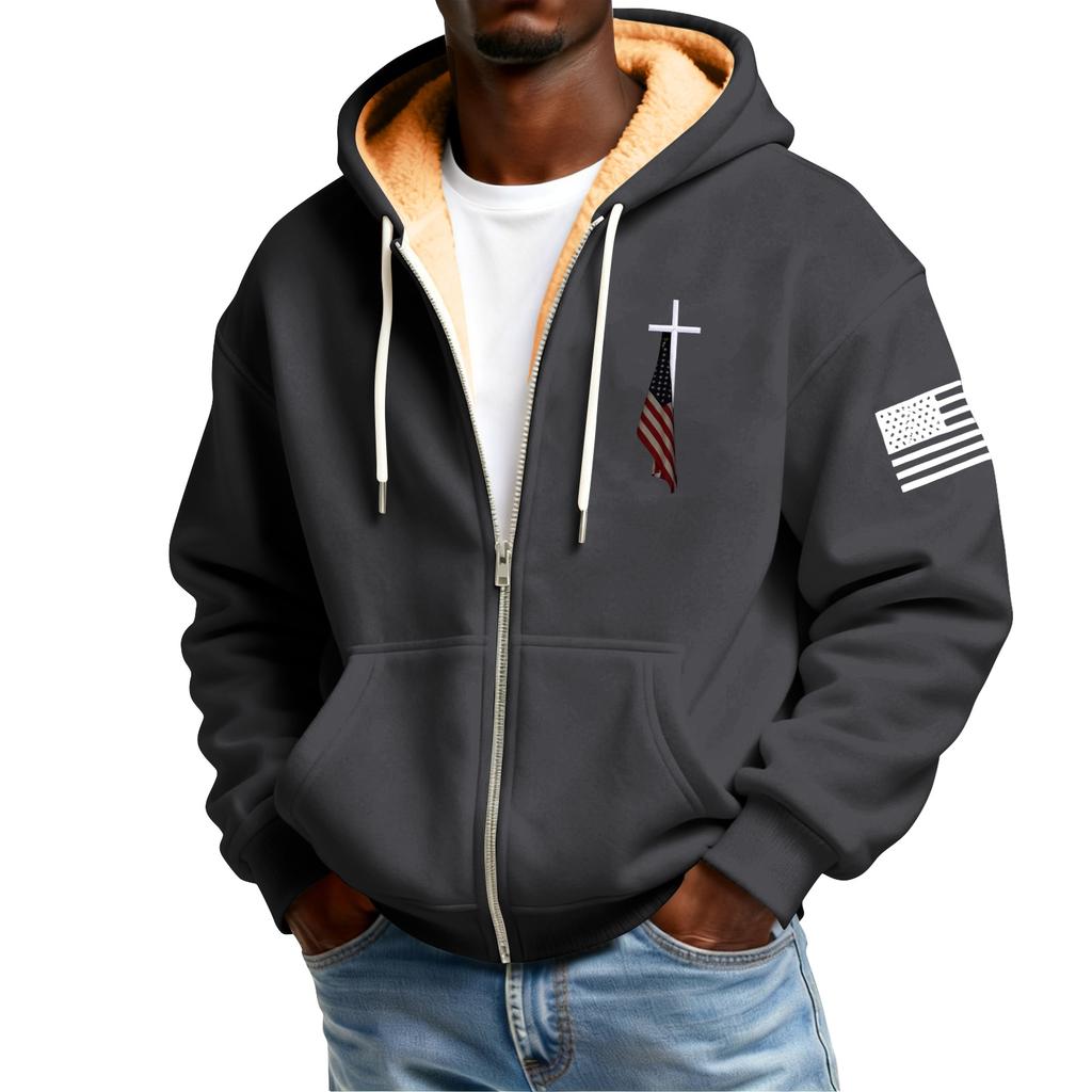 Men's Flag Print Fleece-Lined Zip-Up Pocket Hooded Sweatshirt Cardigan Men's Casual Sweatshirt Cardigan