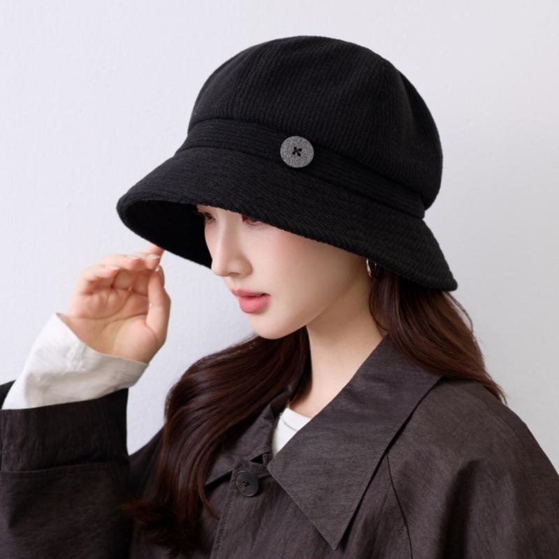 Spot fashion versatile autumn and winter retro corduroy bucket hat thickened warm face small button basin hat