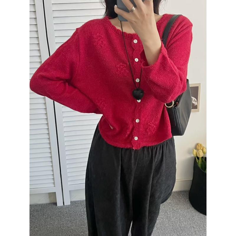 

Осень и зима новый вязаный кардиган с вышивкой в виде цветов, кружевной воротник, ленивый темперамент, мягкий ворсистый свитер-куртка женский one size fits all красный