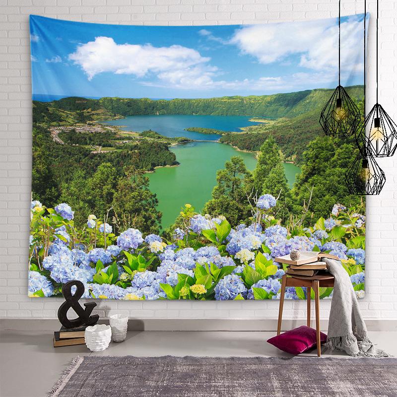 Mountains Lake Flowers Wall Art Decorative Aesthetic Tapestry Backdrop Wall Decor Living Room Bedroom Room Home Decor Tapestry