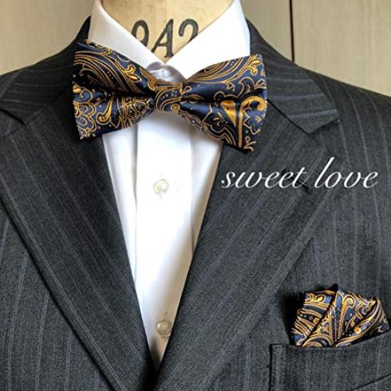 Paisley Navy x Gold [Fliege & Einstecktuch] 2-teiliges Set für Herren, formell und elegant im Magier-Stil