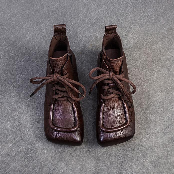 Johnature Kurze Stiefel aus echtem Leder im Retro-Stil mit bequemer, quadratischer Zehenpartie und Schnürung für Damen