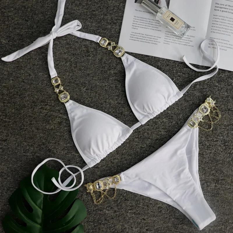 Halter Metal Chains Rhinestone Diamond Bikini Women Swimsuit Female Swimwear Two Pieces Bikini Set Brazilian Bathing Suit Swim